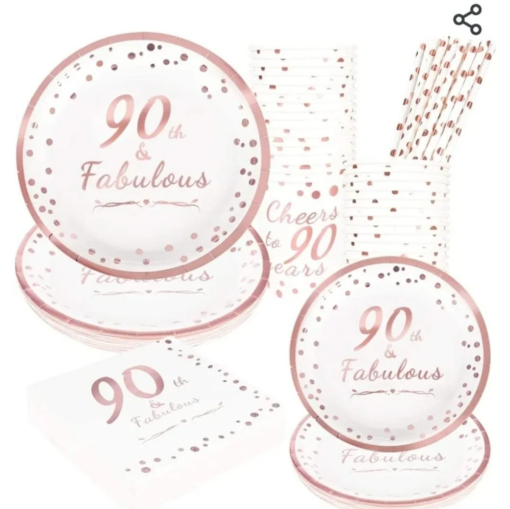 New! Set of 90th Birthday celebration party disposable tableware for 24